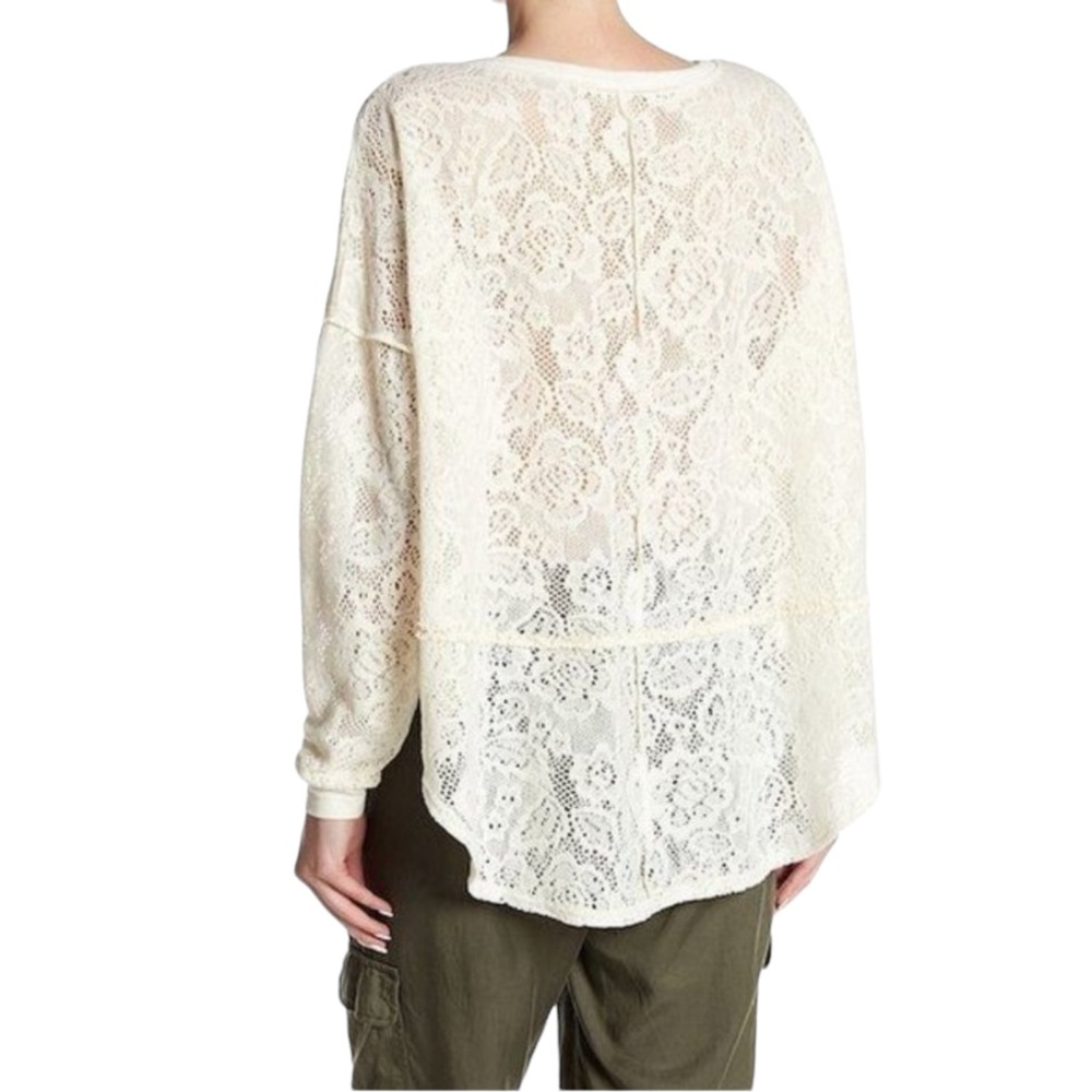 FREE PEOPLE Not Cold In This Sheer Lace Fuzzy Floral Long Sleeve Knit Top, Ivory - Picture 3 of 4